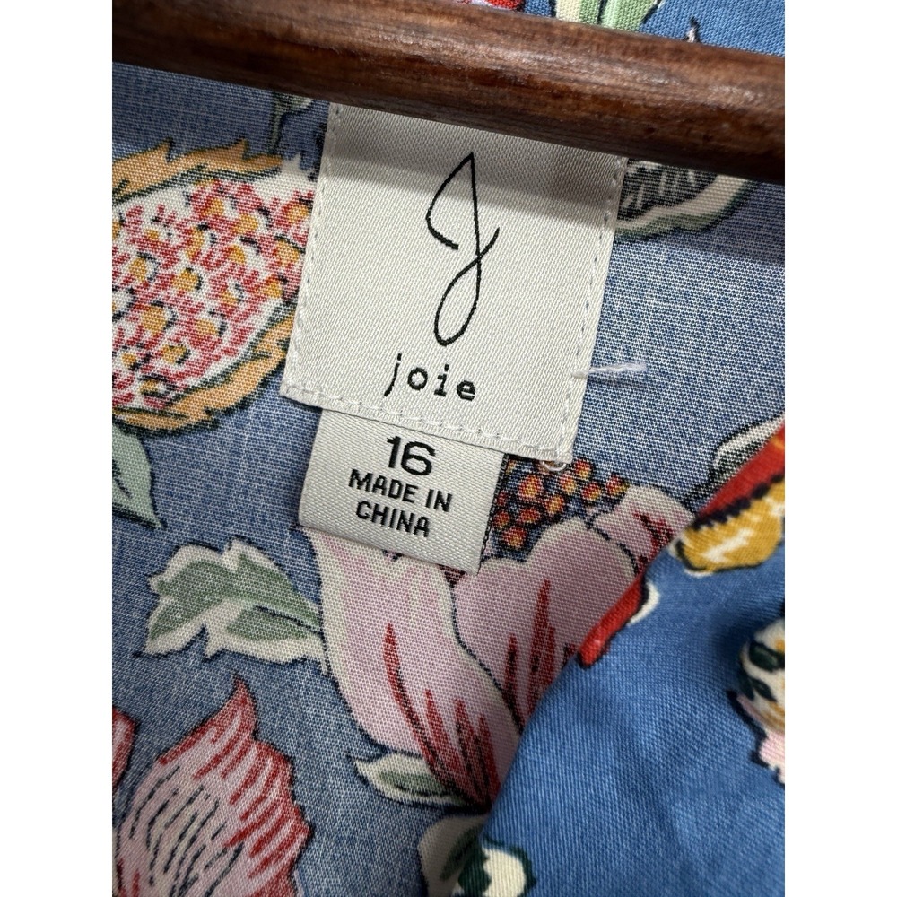 Joie Women Sz 16 Floral Puff Sleeve Dress Boho Blue Button Front Pockets Shift - Picture 3 of 12
